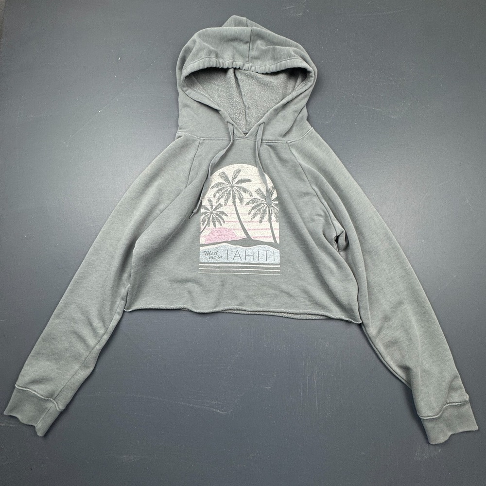 Aero Women's Small Gray Cropped Pullover Hoodie Graphic Soft Fleece Casual Sweat